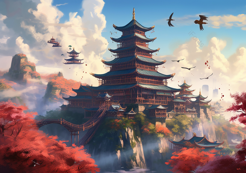 中国风古建筑山水国潮风插画背景,插画/手绘图,插画/手绘图库,插画/手绘图下载,插画/手绘